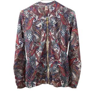 Luli Fama Paisley Print Bomber Jacket Top Gold Zipper Sheer‎ M Resortwear Beach